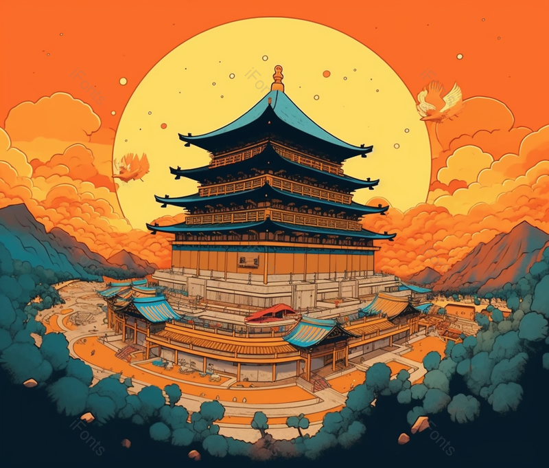 鱼眼镜头庭院古典祥云国潮风中国风传统文化节日插画,插画/手绘图,插画/手绘图库,插画/手绘图下载,插画/手绘